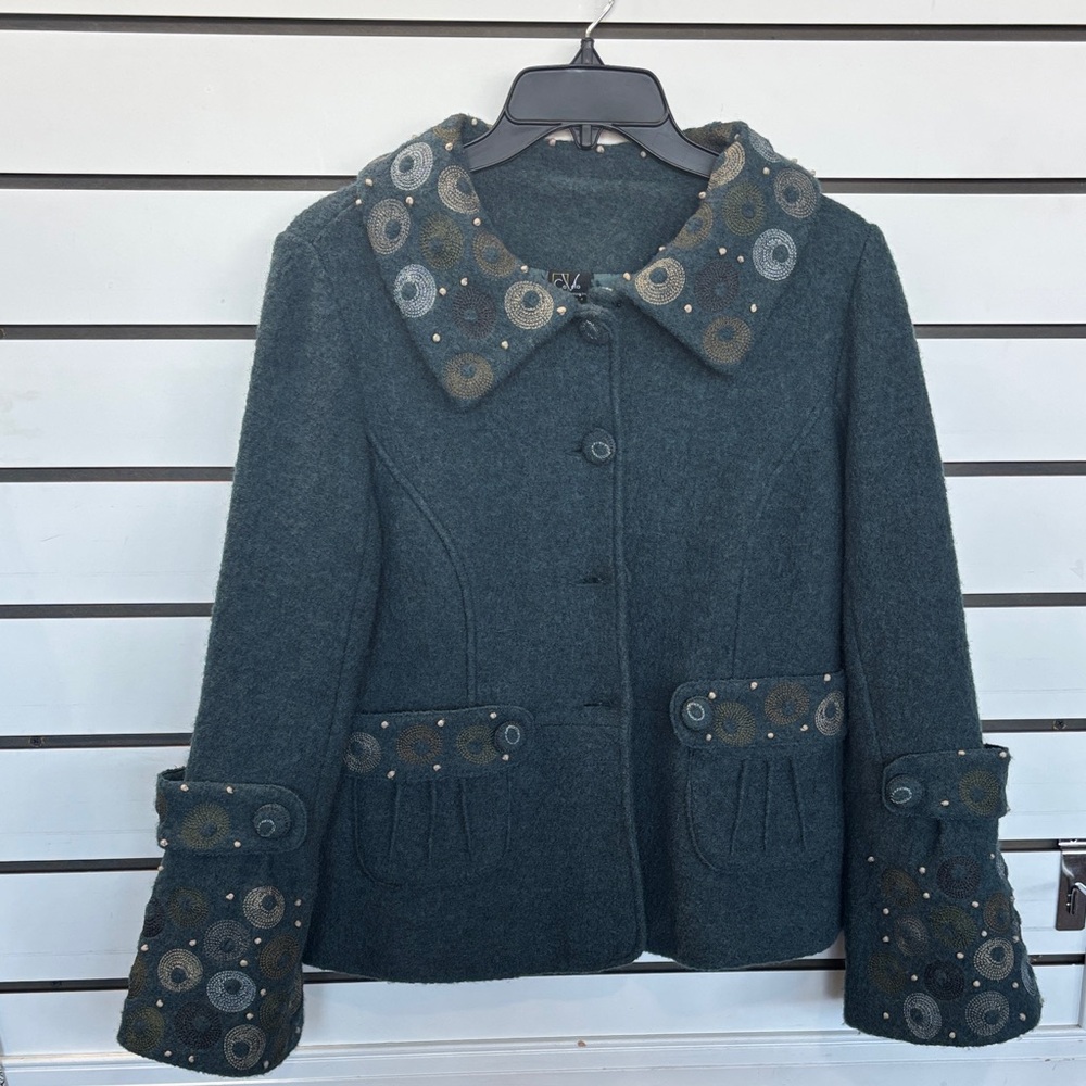 CoVelo Teal Green Embroidered Wool-Blend Jacket